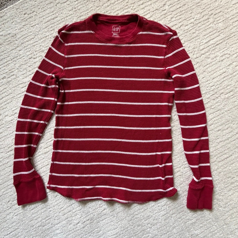 Gap Mens Red White Striped Waffle Knit Thermal Long Sleeve Henley Shirt Small